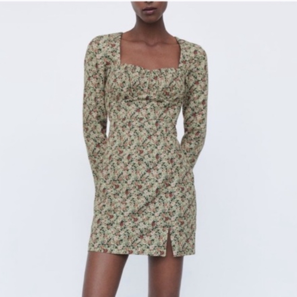 Zara Green Floral Square-Neck Long Sleeve Mini Dress